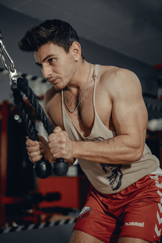 Muscular man in tank top focused on rope triceps exercise at gym.