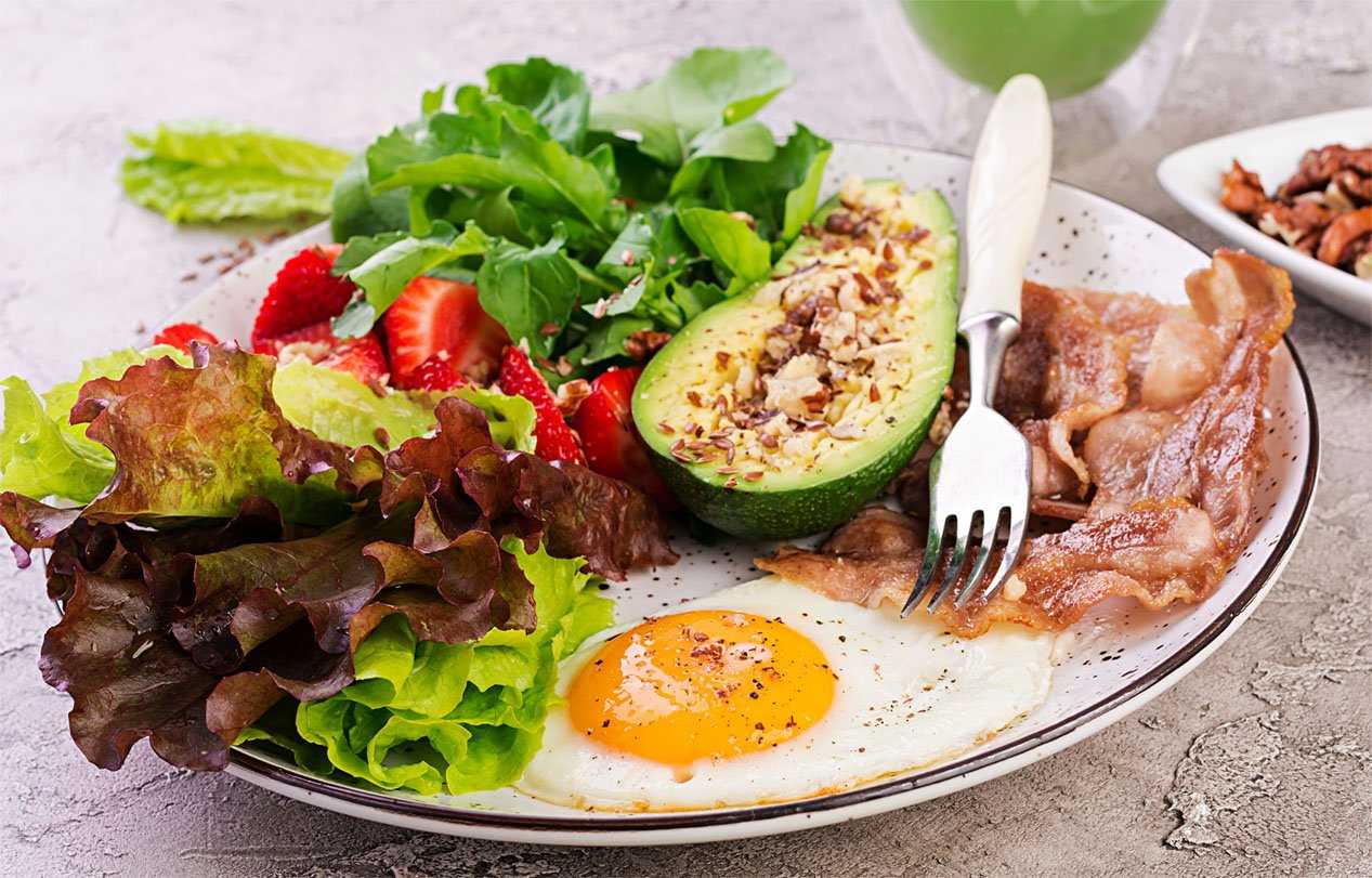 Plate with Keto Diet Food fried eggs bacon avocado